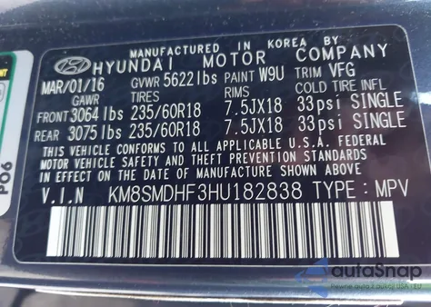 2017 Hyundai Santa Fe Se из США, поврежденный, VIN KM8SMDHF3HU182838